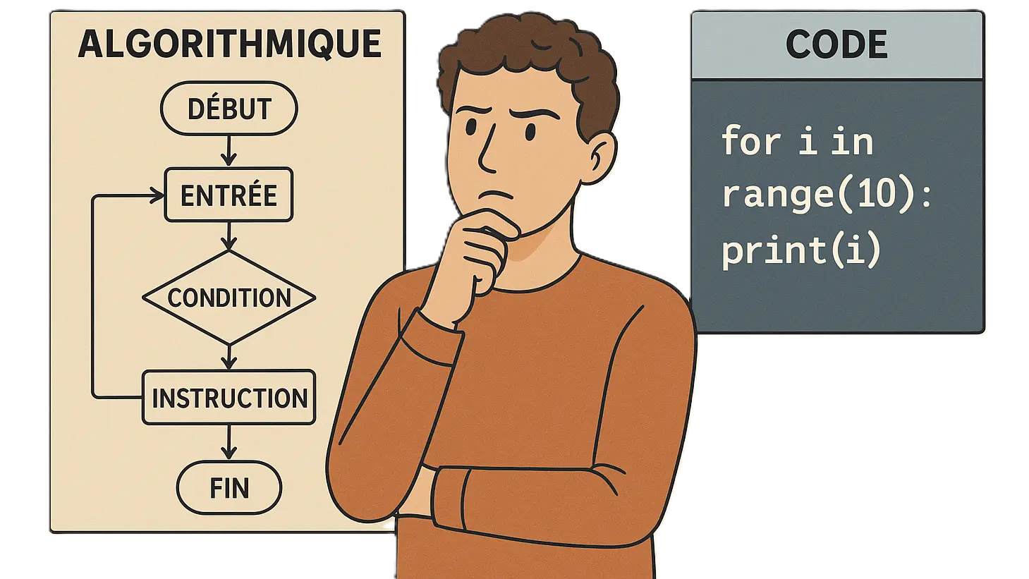 Illustration montrant un homme pensif entre un schéma d’organigramme représentant l’algorithmique et un extrait de code Python, pour symboliser la différence entre la logique et la syntaxe.