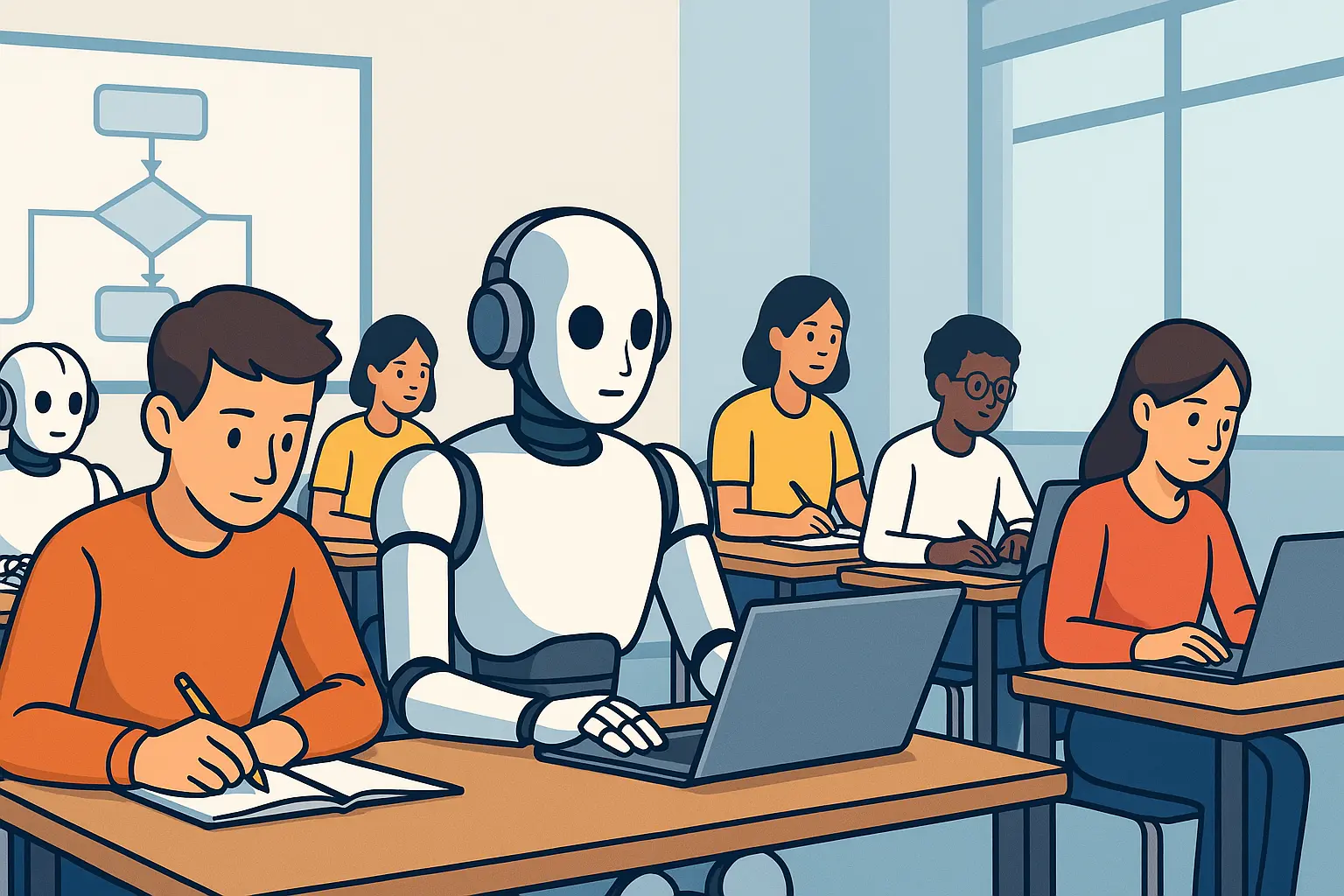 Illustration d’une salle de classe moderne où humains et robots apprennent ensemble, symbolisant la coopération entre intelligence humaine et intelligence artificielle dans l’éducation.