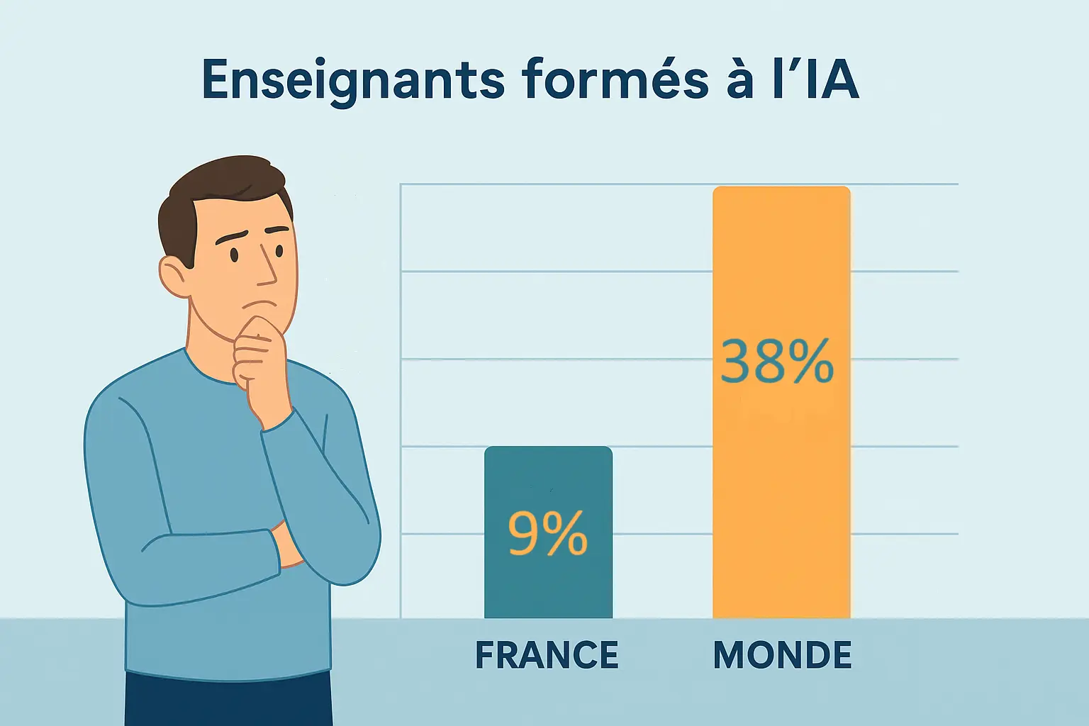 Infographie comparant le pourcentage d’enseignants formés à l’intelligence artificielle en France et dans le monde selon TALIS 2024.